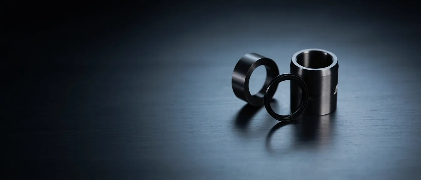 Precision-ground tungsten carbide bushing, seal ring and sleeve on a dark steel surface